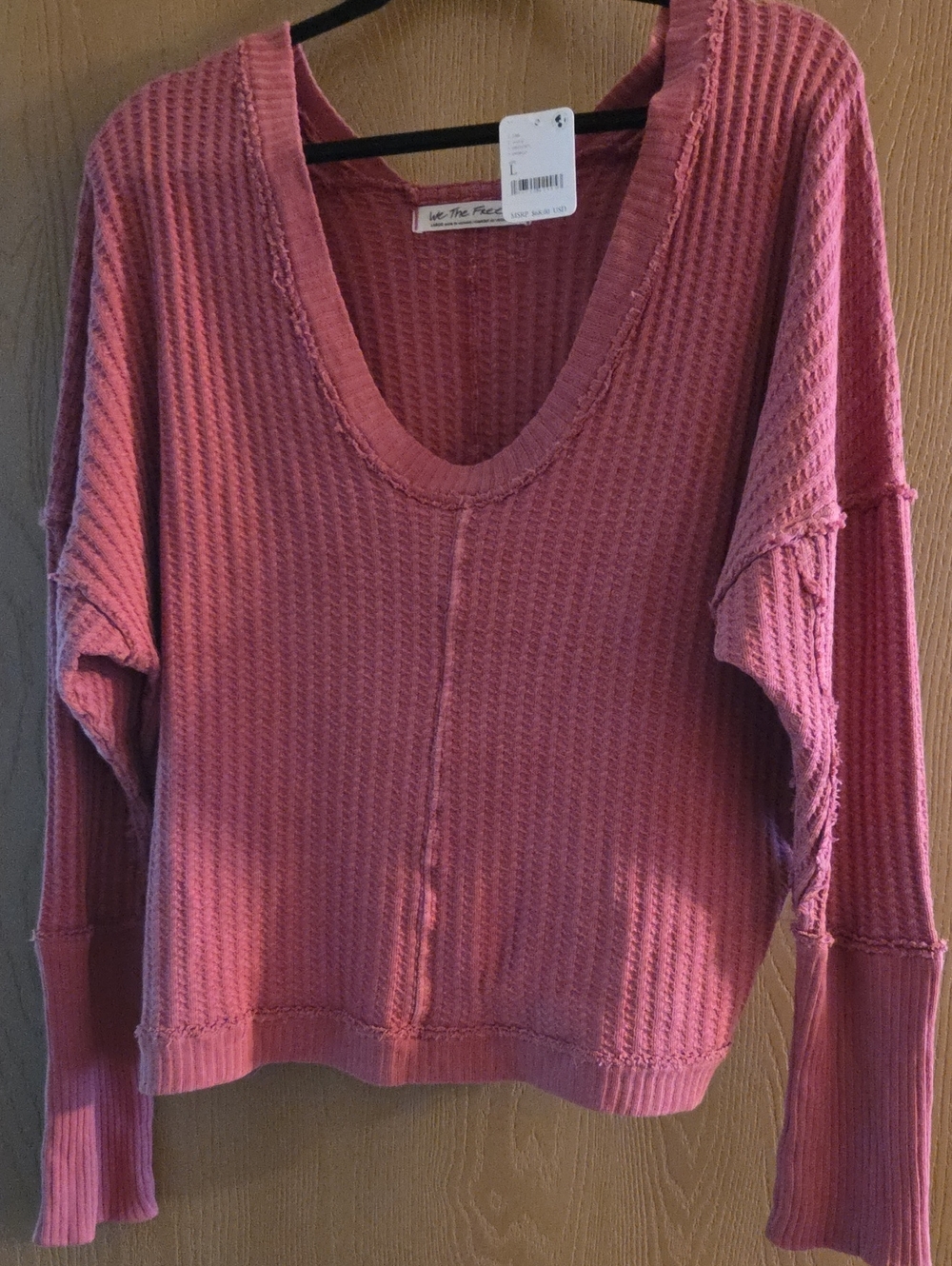 We The Free Rose-Pink Waffle Knit Scoop Neck Sweater, NWT size Lg.